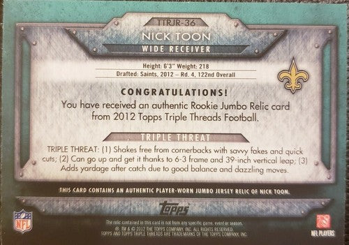NICK TOON 2012 Topps Triple Threads Jumbo Jersey Relic Emerald Green #/50 Saints