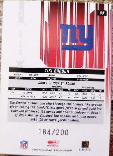 TIKI BARBER 2005 Leaf Rookies & Stars Longevity True Green #/200 New York Giants