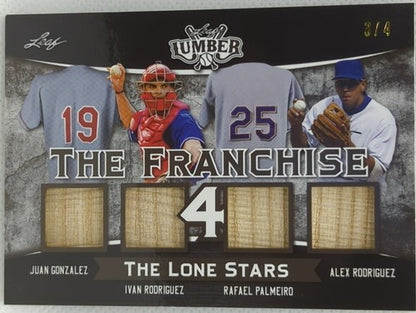 Alex RODRIGUEZ Ivan PUDGE Juan GONZALEZ + 2021 Leaf Lumber QUAD BAT #/4 Rangers