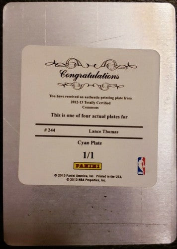 LANCE THOMAS 2012-13 Panini Totally Certified PRINTING PLATE #1/1 Hornets Knicks