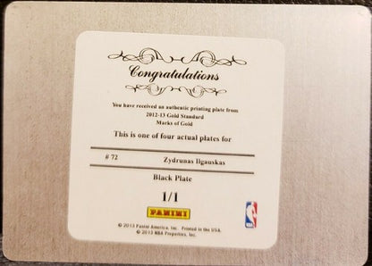 ZYDRUNAS ILGAUSKAS 2012-13 Panini Gold Standard PRINTING PLATE SP #1/1 Cavaliers