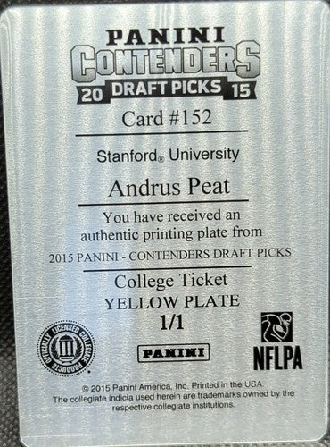 ANDRUS PEAT 2015 Panini Contenders RC AUTO PRINTING PLATE SP #1/1 Saints One of