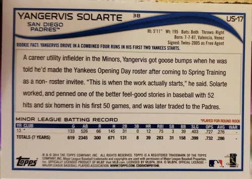 YANGERVIS SOLARTE 2014 Topps Update Short Print Rookie SP Photo Variation Padres