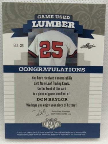DON BAYLOR 2022 Leaf Lumber JUMBO Game Used BAT PATCH Relic #8/8 Orioles Angels