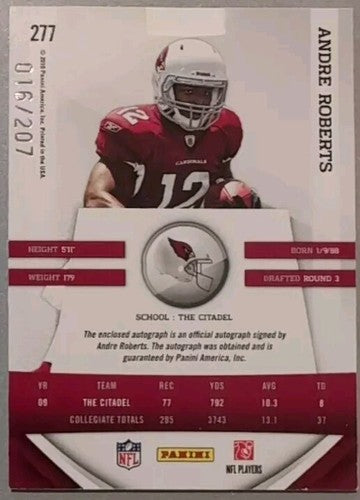 ANDRE ROBERTS 2010 Panini Gridiron Gear RC SILVER INK AUTO JERSEY /207 Cardinals