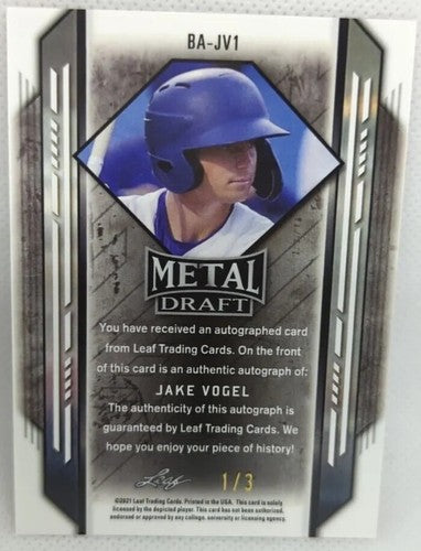 JAKE VOGEL 2021 Leaf Metal Draft RC Prospect AUTO Orange Wave SP #1/3 LA Dodgers