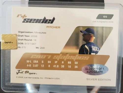 R.J. SEIDEL 2008 Just Minors Rookie AUTO Autograph Glossy SP #1/1 of 1 Brewers