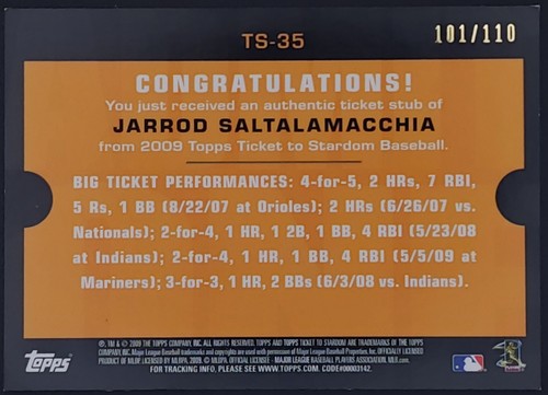 JARROD SALTALAMACCHIA 2009 Topps Ticket To Stardom JUMBO STUB PATCH /110 Rangers