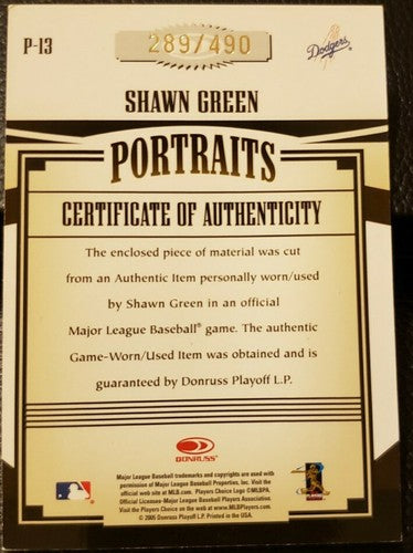 SHAWN GREEN 2005 Prime Patches Portraits Jumbo Game Used Jersey SP #/490 Dodgers