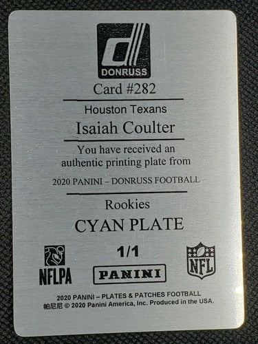 ISAIAH COULTER 2020 Panini Donruss RC PRINTING PLATE SP 1/1 Texans Bears Patches