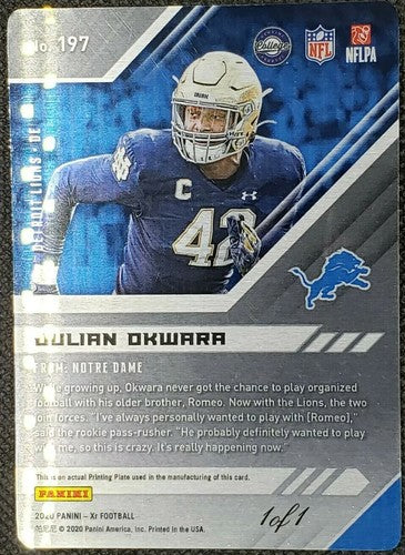 JULIAN OKWARA 2020 Panini XR RC Rookie PRINTING PLATE SP #1/1 Detroit Lions #197