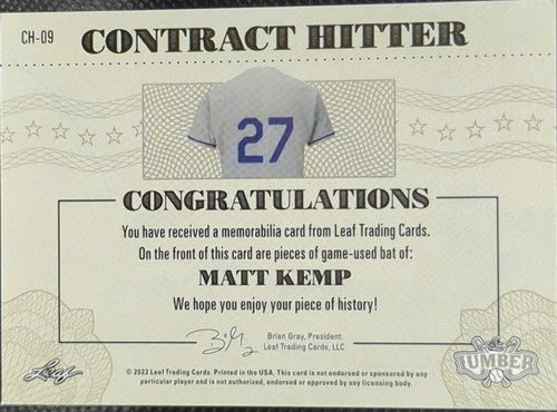 MATT KEMP 2022 Leaf Lumber DUAL Game Used BAT Relic #/3 LA Dodgers Braves Padres