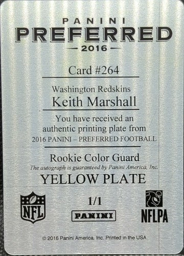 KEITH MARSHALL 2016 Panini Preferred RC Color Guard AUTO PRINTING PLATE SP #1/1