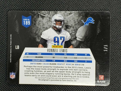 RONNELL LEWIS 2012 Panini Momentum RC DUAL AUTO PRINTING PLATE SP #1/1 Lions 189