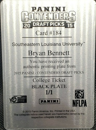 BRYAN BENNETT 2015 Panini Contenders Draft Picks AUTO PRINTING PLATE #1/1 Colts