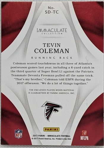 TEVIN COLEMAN 2017 Panini Immaculate JUMBO Game Used Jersey PATCH #/10 Falcons