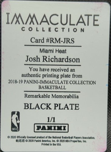 JOSH RICHARDSON 2018-19 Panini Immaculate Remarkable PRINTING PLATE SP #1/1 Heat
