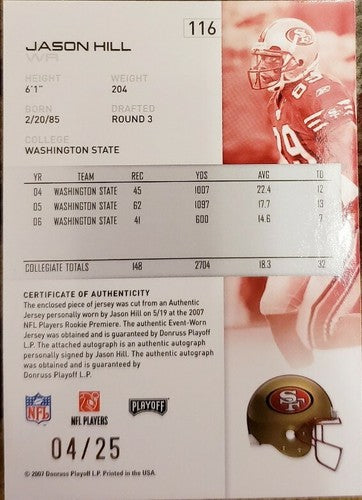 JASON HILL 2007 Donruss Playoffs Dual Rookie AUTO Autograph Jersey PATCH 49ers #
