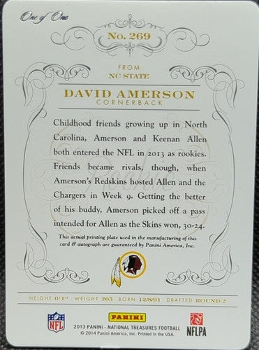 DAVID AMERSON 2013 Panini National Treasures RC AUTO PRINTING PLATE #1/1 One of