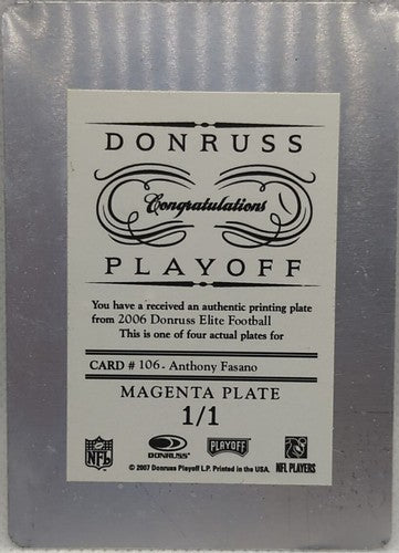 ANTHONY FASANO 2006 Donruss Threads RC PRINTING PLATE 1/1 Cowboys Playoff One of