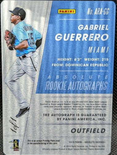 GABRIEL GUERRERO 2019 Panini Absolute RC DUAL AUTO PRINTING PLATE SP 1/1 Marlins