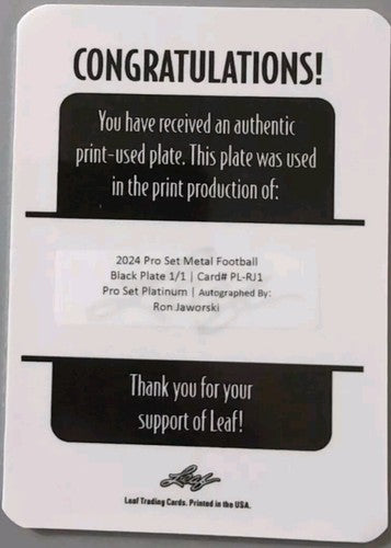 RON JAWORSKI 2024 Leaf Pro Set Metal Platinum AUTO PRINTING PLATE SP #1/1 Eagles