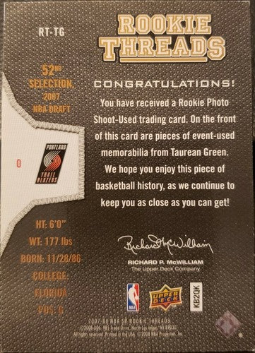 TAUREAN GREEN 2007-08 Upper Deck SP Rookie Threads Dual RC Jersey Trail Blazers