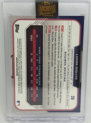 LUCAS GIOLITO 2022 Topps Archives 2015 Bowman Chrome RC AUTO SP #1/1 Nationals