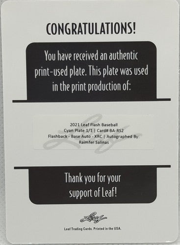 RAIMFER SALINAS 2021 Leaf Flash RC AUTO PRINTING PLATE SP #1/1 NY Yankees One of