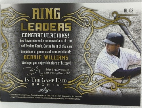 BERNIE WILLIAMS 2022 Leaf In The Game Used DUAL Worn JERSEY RAINBOW #4/9 Yankees