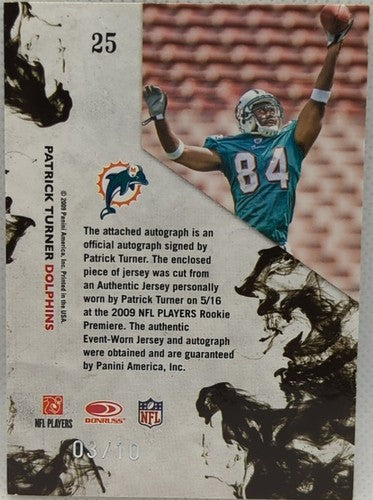 ð¬ PATRICK TURNER 2009 Donruss Rookies & Stars RC DUAL AUTO PATCH #3/10 Dolphins