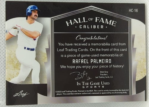 RAFAEL PALMEIRO 2022 Leaf In the Game Used Worn Jersey PATCH GREEN SP /3 Rangers