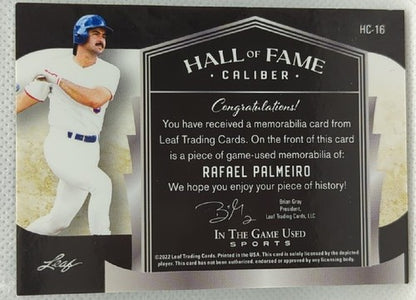 RAFAEL PALMEIRO 2022 Leaf In the Game Used Worn Jersey PATCH GREEN SP /3 Rangers