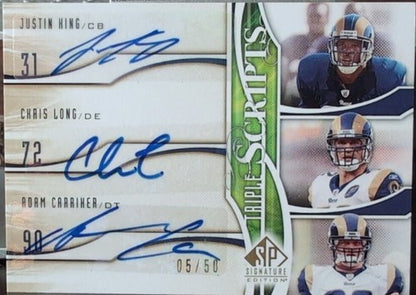 Chris LONG Adam CARRIKER Justin KING 2009 SP Signature Triple Scripts AUTO Rams