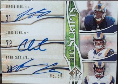 Chris LONG Adam CARRIKER Justin KING 2009 SP Signature Triple Scripts AUTO Rams
