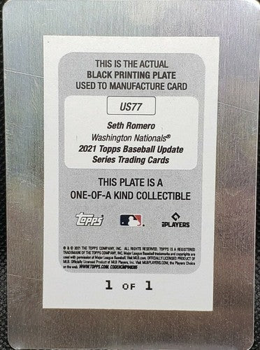 SETH ROMERO 2021 Topps Update Series RC PRINTING PLATE SP #1/1 Nationals One of