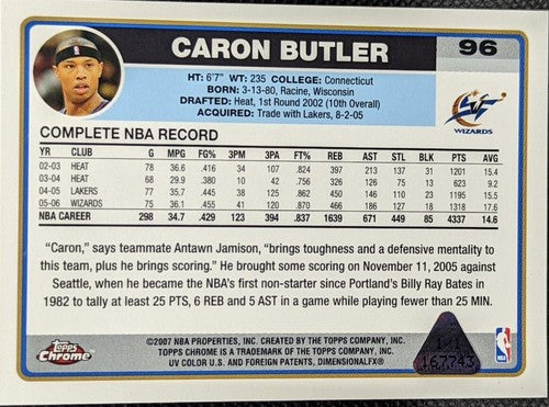 CARON BUTLER 2006-07 Topps Chrome PRINTING PLATE #1/1 Wizards Heat Kings One of