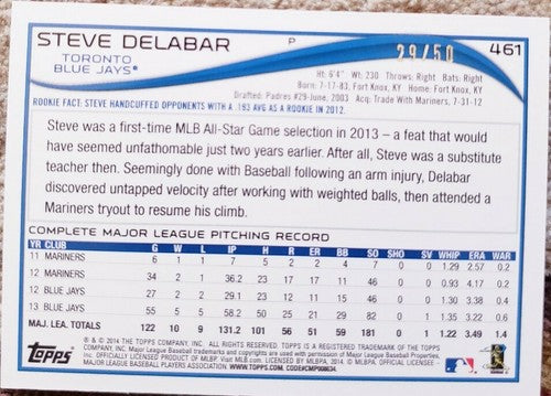 STEVE DELABAR 2014 Topps Baseball Pink Parallel SP #29/50 Toronto Blue Jays #461