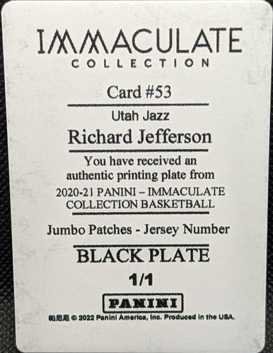 RICHARD JEFFERSON 2020-21 Panini Immaculate Jumbo PRINTING PLATE 1/1 Jazz One of