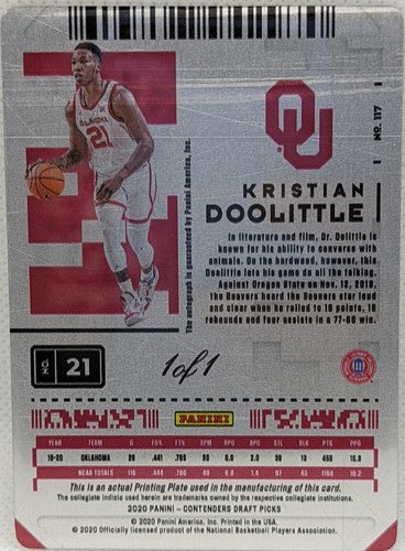KRISTIAN DOOLITTLE 2020-21 Panini Contenders RC AUTO PRINTING PLATE 1/1 Oklahoma