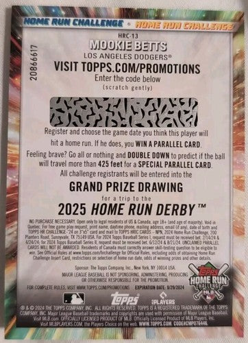MOOKIE BETTS 2024 Topps Series 2 Home Run Challenge UNSCRATCHED CODE Dodgers #13