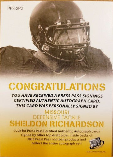 SHELDON RICHARDSON 2013 Press Pass Signings AUTO SP $. Rich Nickname Jets Browns