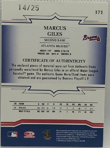MARCUS GILES 2005 Throwback Threads DUAL Jersey PATCH Prime SP /25 Braves Padres