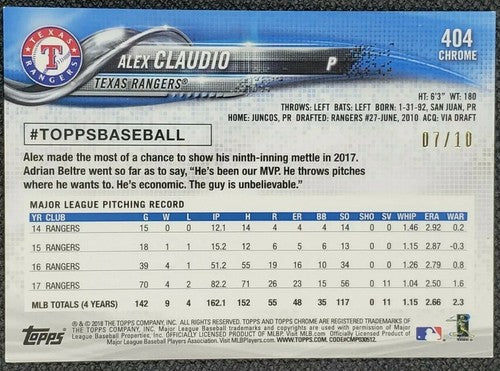 ALEX CLAUDIO 2018 Topps Chrome Sapphire Edition RED REFRACTOR SP #07/10 Rangers