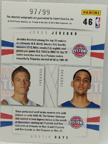 Jonas JEREBKO Austin DAYE 2009-10 Panini Season Update RC DUAL AUTO #/99 Pistons