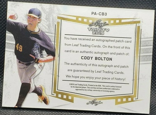 CODY BOLTON 2019 Leaf Trinity DUAL AUTO JUMBO Jersey BUTTON PATCH SP /10 Pirates