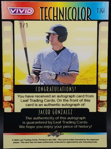 JACOB GONZALEZ 2023 Leaf Vivid Technicolor RC AUTO BLUE LASER SP #1/1 White Sox