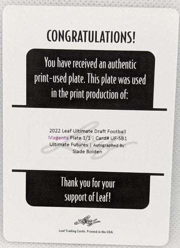 SLADE BOLDEN 2022 Leaf Ultimate Draft Futures RC AUTO PRINTING PLATE #1/1 Ravens