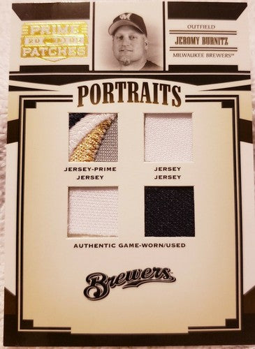 JEROMY BURNITZ 2005 Prime Patches QUAD Game Used Worn Jersey PATCH Brewers Logo