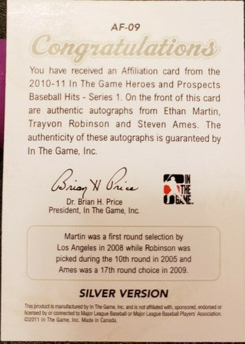 Trayvon ROBINSON Ethan MARTIN Steven AMES 2011 ITG Heroes Prospects Triple AUTO